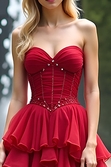 Ruched Red Sweetheart Rufled A Line Lang Gallakjole